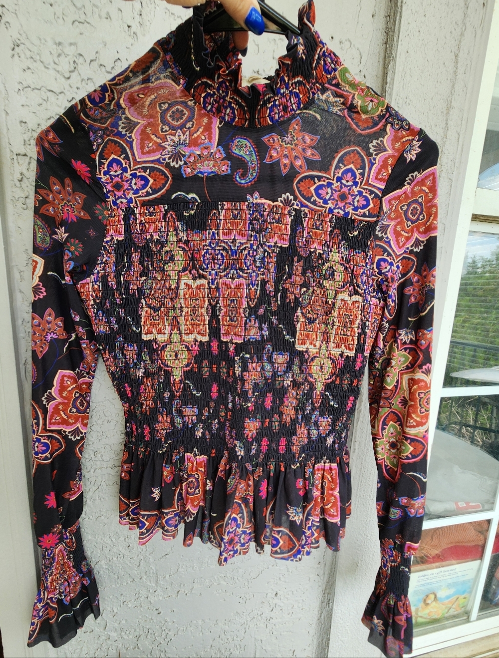 Chelsea & Violet Floral Smocked Long-Sleeve Top - Black & Pink NWT